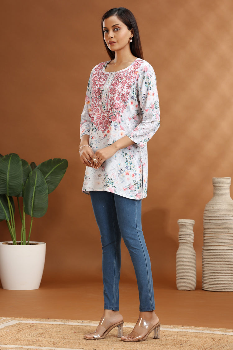 Off White Grammy Cotton Embroidered Short Kurti for women / girl