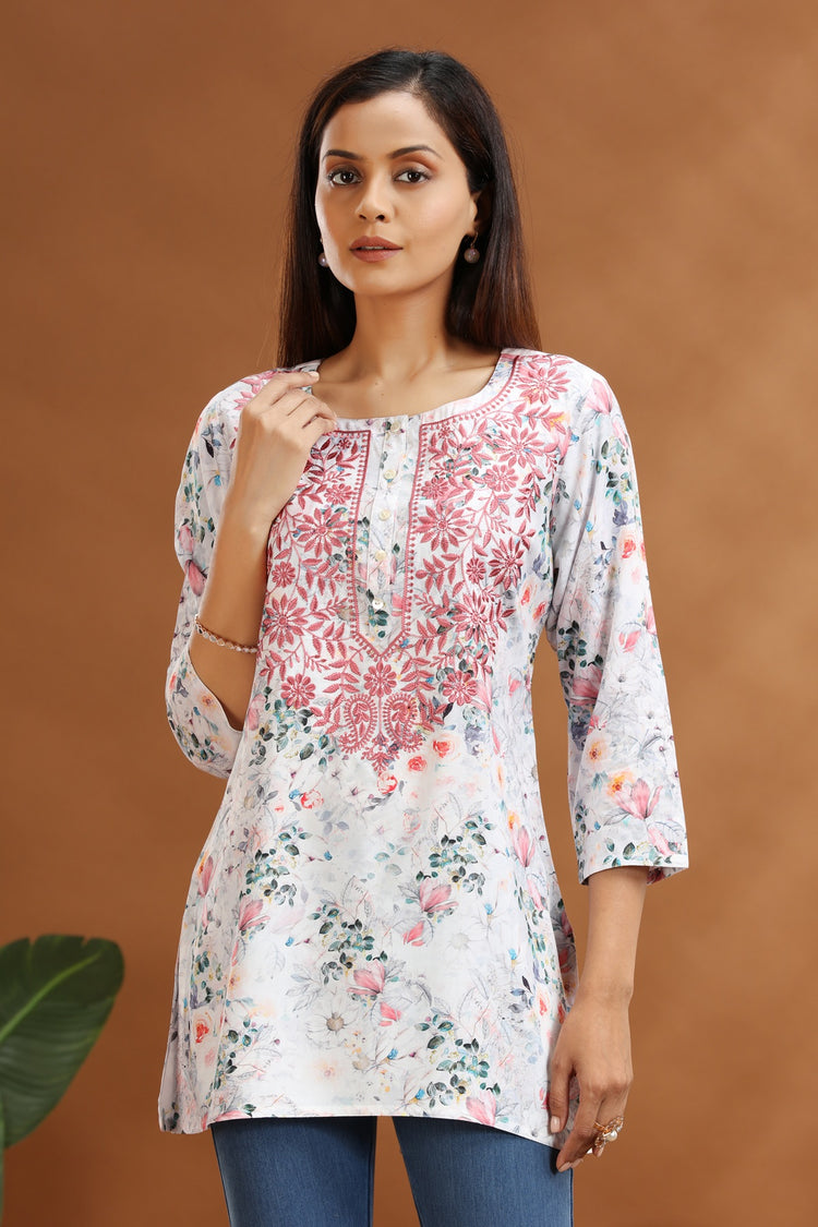 Off White Grammy Cotton Embroidered Short Kurti for women / girl