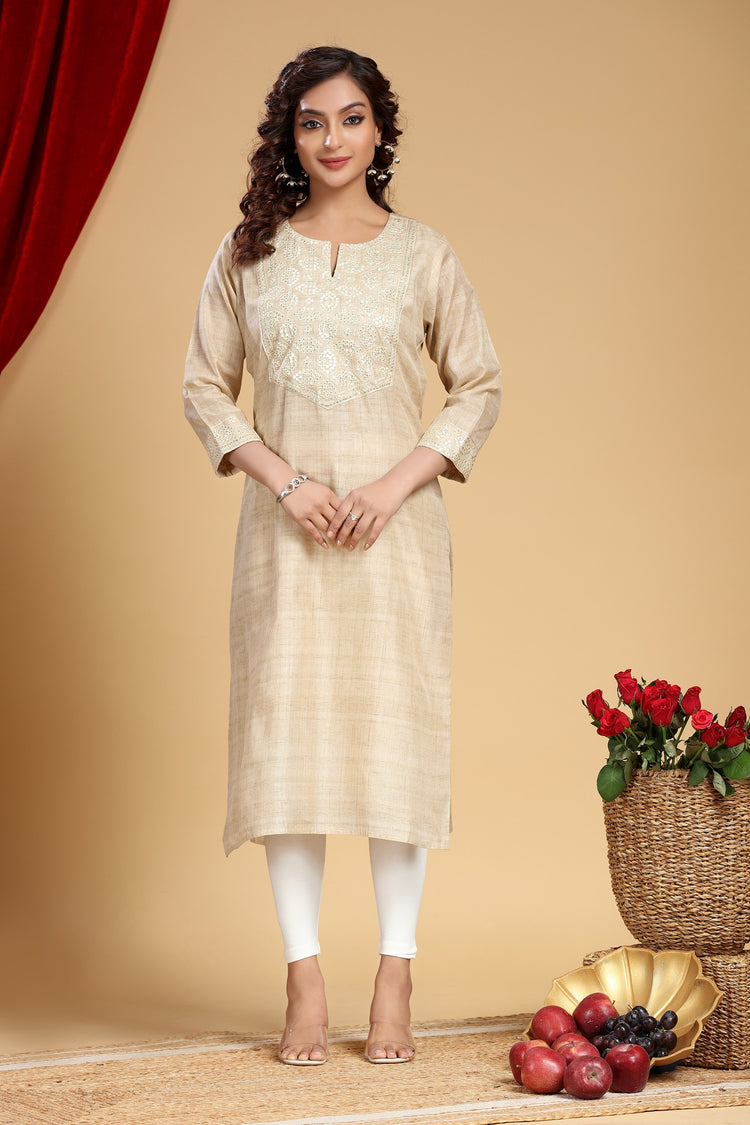 Beige Chanderi Straight Embroidered Kurta