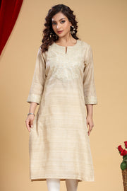 Beige Chanderi Straight Embroidered Kurta