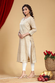 Beige Chanderi Straight Embroidered Kurta