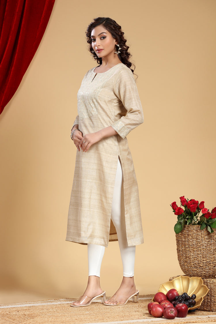 Beige Chanderi Straight Embroidered Kurta