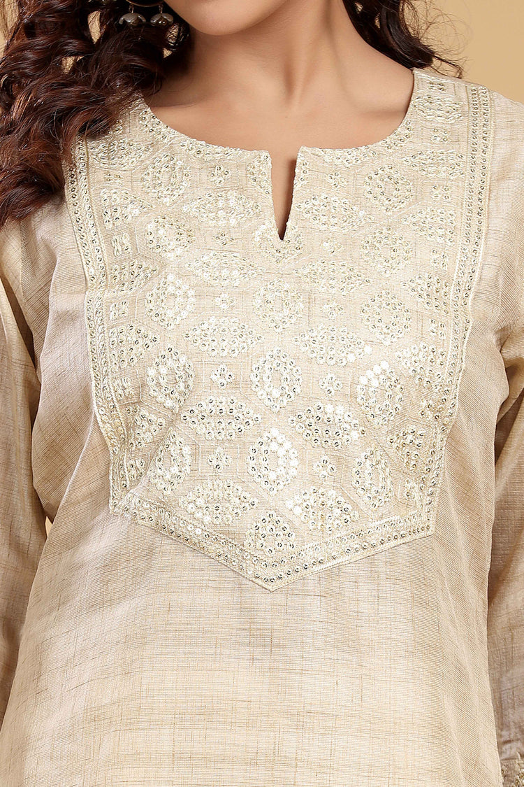 Beige Chanderi Straight Embroidered Kurta