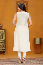 Off White Flax Cotton A Line Embroidered Sleeveless Kurta