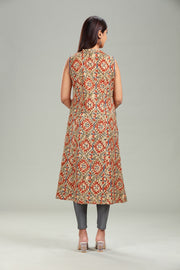 Beige Cotton A Line Printed Sleeveless Kurta