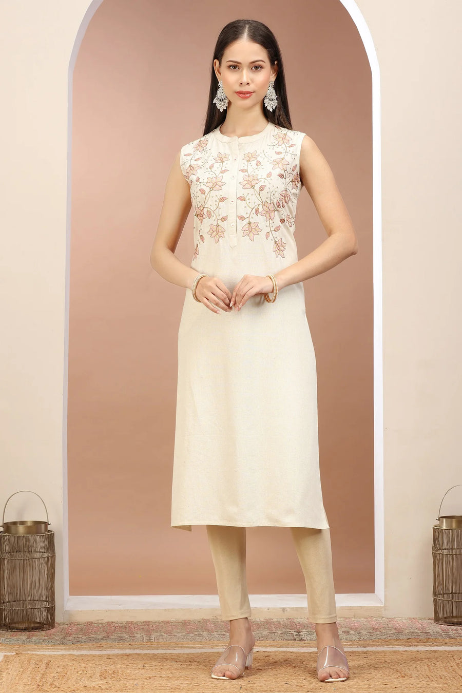 Off White Flax Cotton Floral Embroidered Straight Sleeveless Kurta