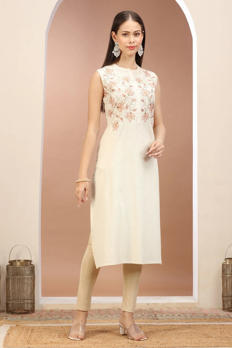 Off White Flax Cotton Floral Embroidered Straight Sleeveless Kurta