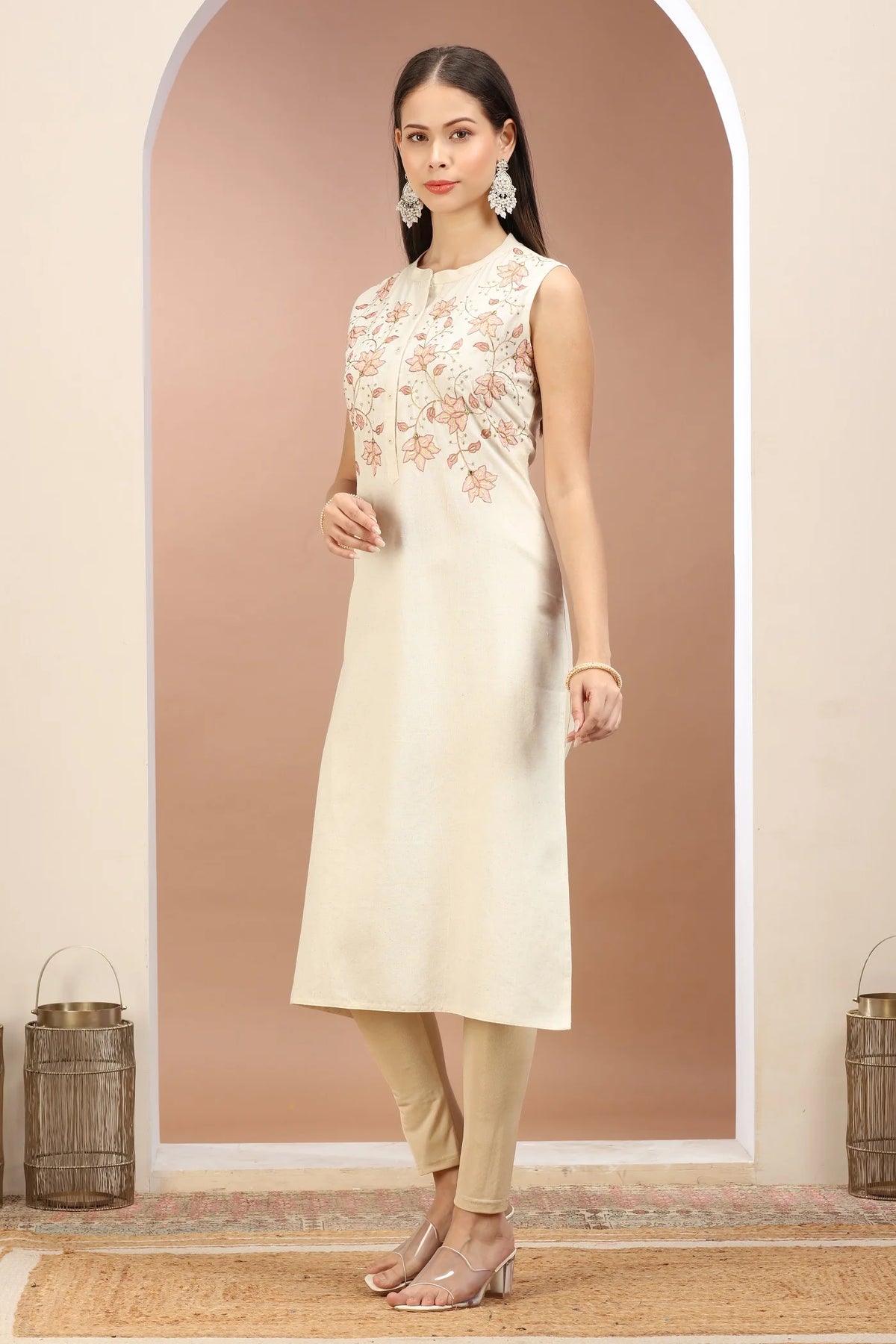 Off White Flax Cotton Floral Embroidered Straight Sleeveless Kurta for women and girls