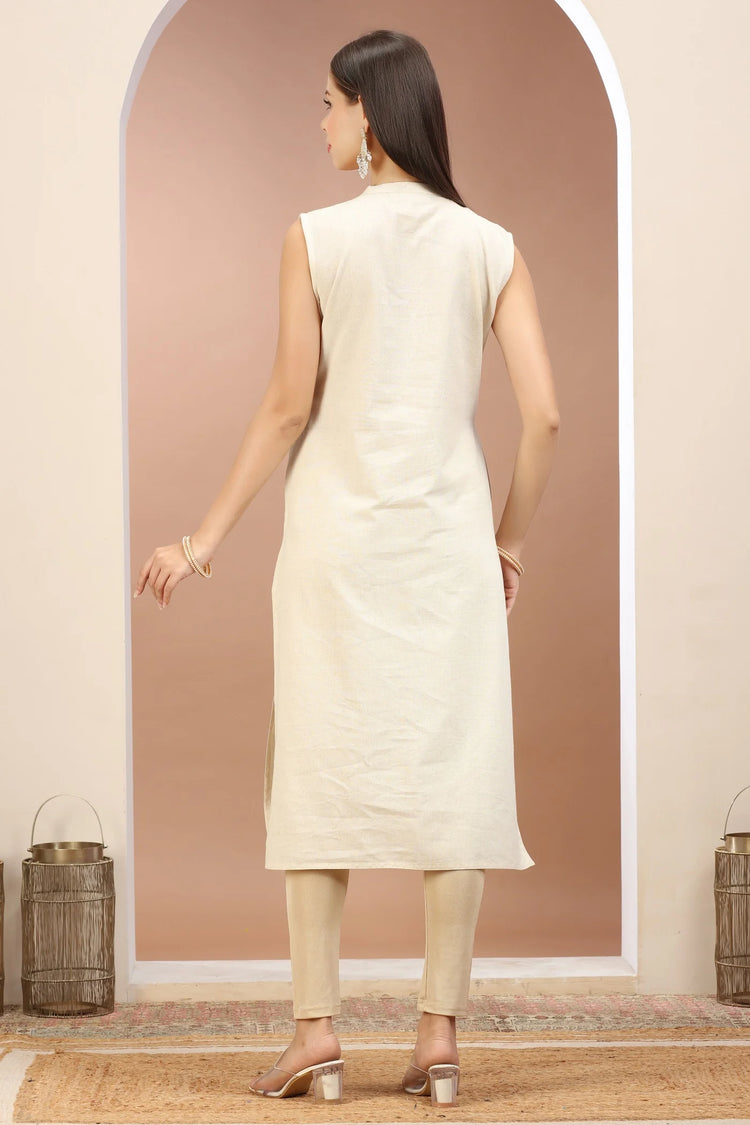 Off White Flax Cotton Floral Embroidered Straight Sleeveless Kurta for women and girls