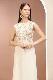 Off White Flax Cotton Floral Embroidered Straight Sleeveless Kurta for women and girls