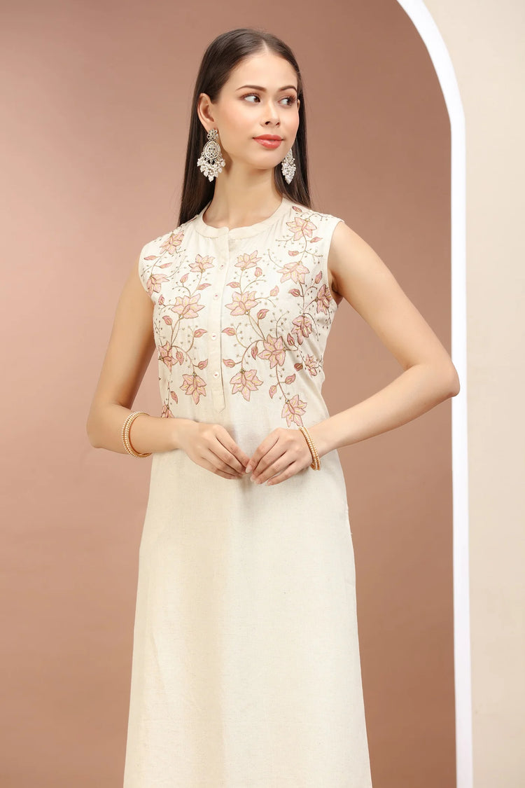 Off White Flax Cotton Floral Embroidered Straight Sleeveless Kurta for women and girls