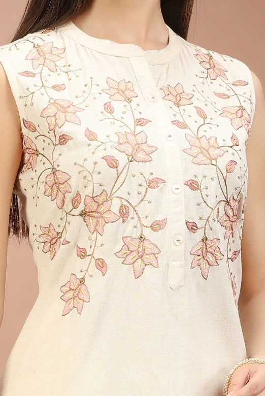 Off White Flax Cotton Floral Embroidered Straight Sleeveless Kurta for women and girls