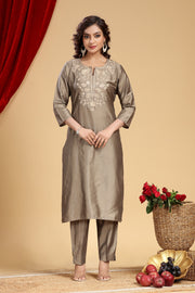 Gray PolySilk Embroidered Straight Kurta and Pant Set
