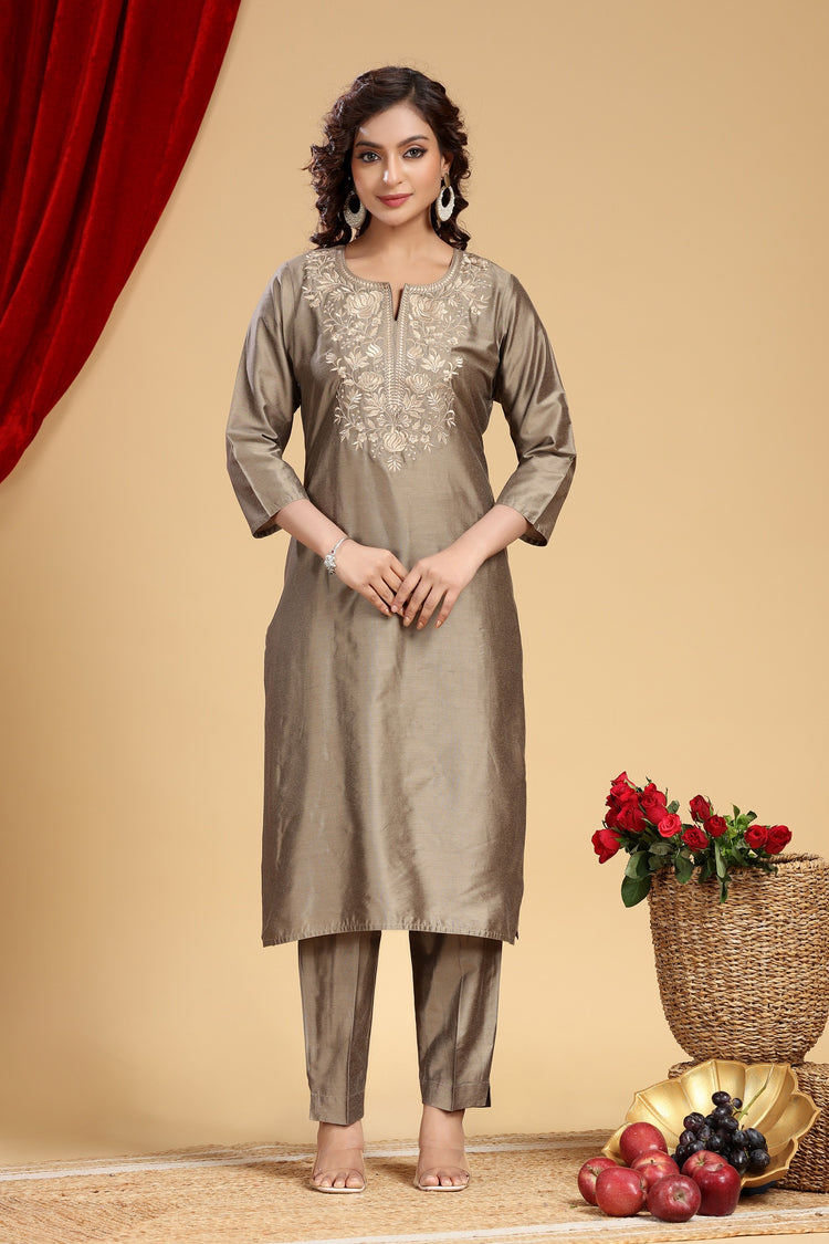 Gray PolySilk Embroidered Straight Kurta and Pant Set