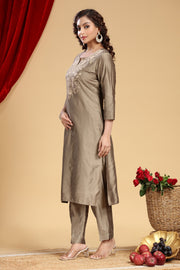 Gray PolySilk Embroidered Straight Kurta and Pant Set