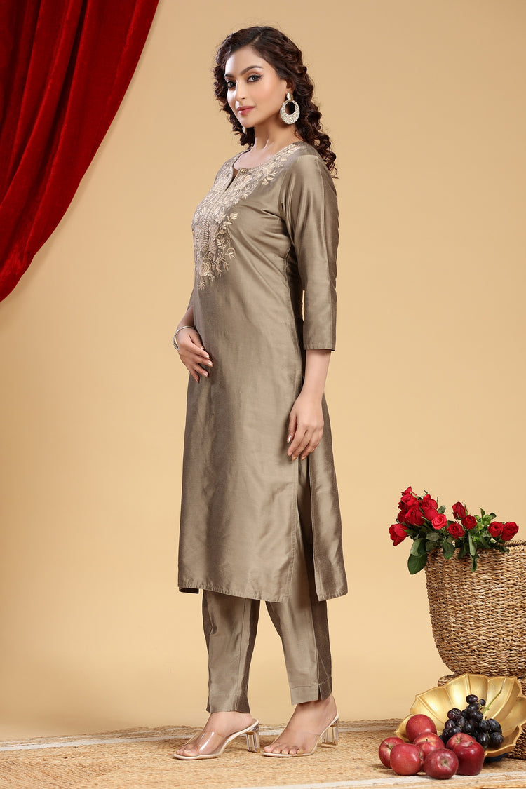 Gray PolySilk Embroidered Straight Kurta and Pant Set
