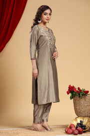 Gray PolySilk Embroidered Straight Kurta and Pant Set
