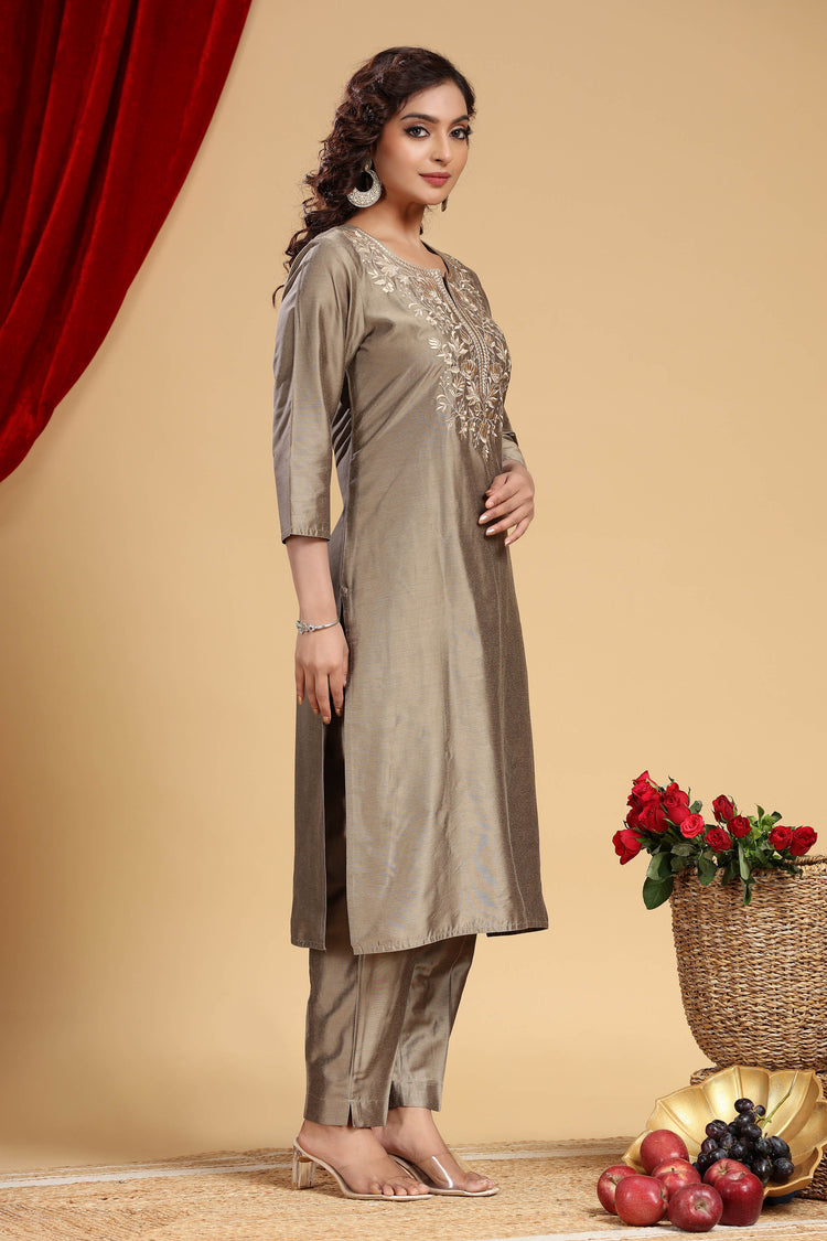 Gray PolySilk Embroidered Straight Kurta and Pant Set