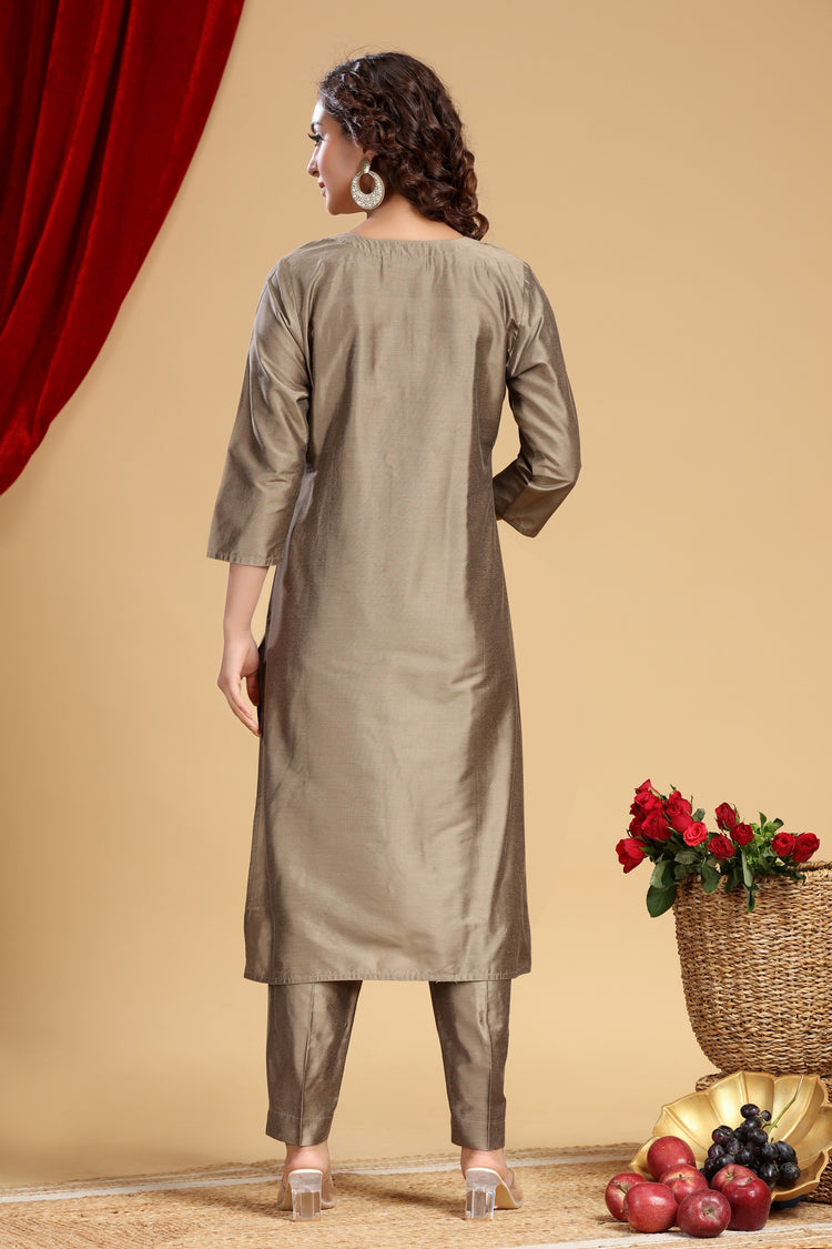Gray PolySilk Embroidered Straight Kurta and Pant Set