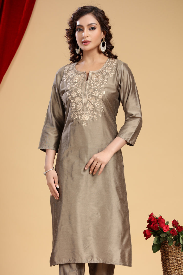 Gray PolySilk Embroidered Straight Kurta and Pant Set