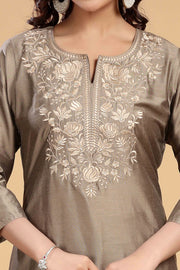 Gray PolySilk Embroidered Straight Kurta and Pant Set