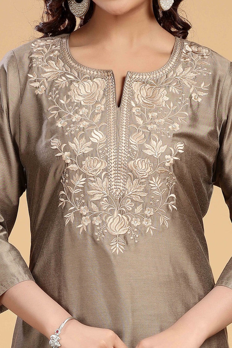 Gray PolySilk Embroidered Straight Kurta and Pant Set