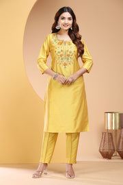 Yellow PolySilk Embroidered Straight Kurta and Pant Set for women / girl