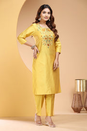 Yellow PolySilk Embroidered Straight Kurta and Pant Set for women / girl