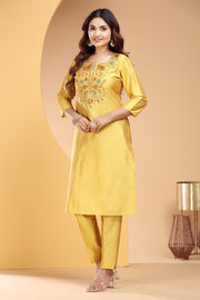 Yellow PolySilk Embroidered Straight Kurta and Pant Set for women / girl