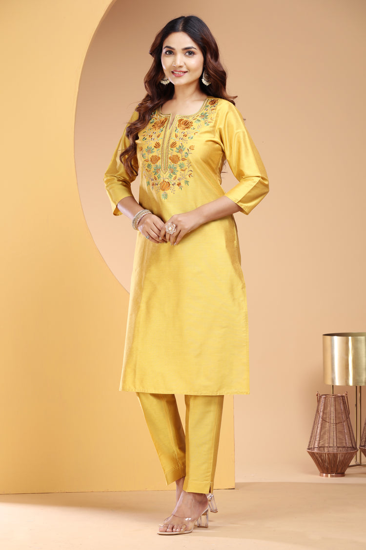 Yellow PolySilk Embroidered Straight Kurta and Pant Set for women / girl