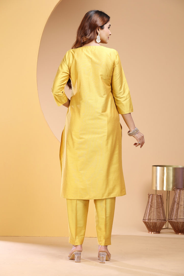 Yellow PolySilk Embroidered Straight Kurta and Pant Set for women / girl