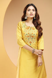 Yellow PolySilk Embroidered Straight Kurta and Pant Set for women / girl