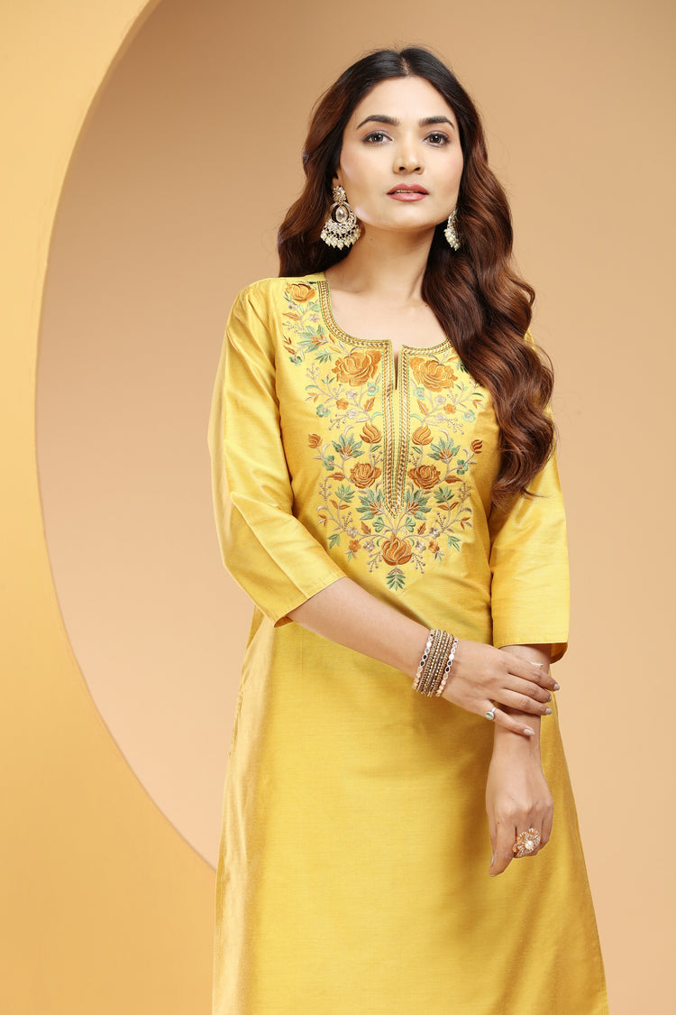 Yellow PolySilk Embroidered Straight Kurta and Pant Set for women / girl