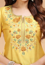 Yellow PolySilk Embroidered Straight Kurta and Pant Set for women / girl