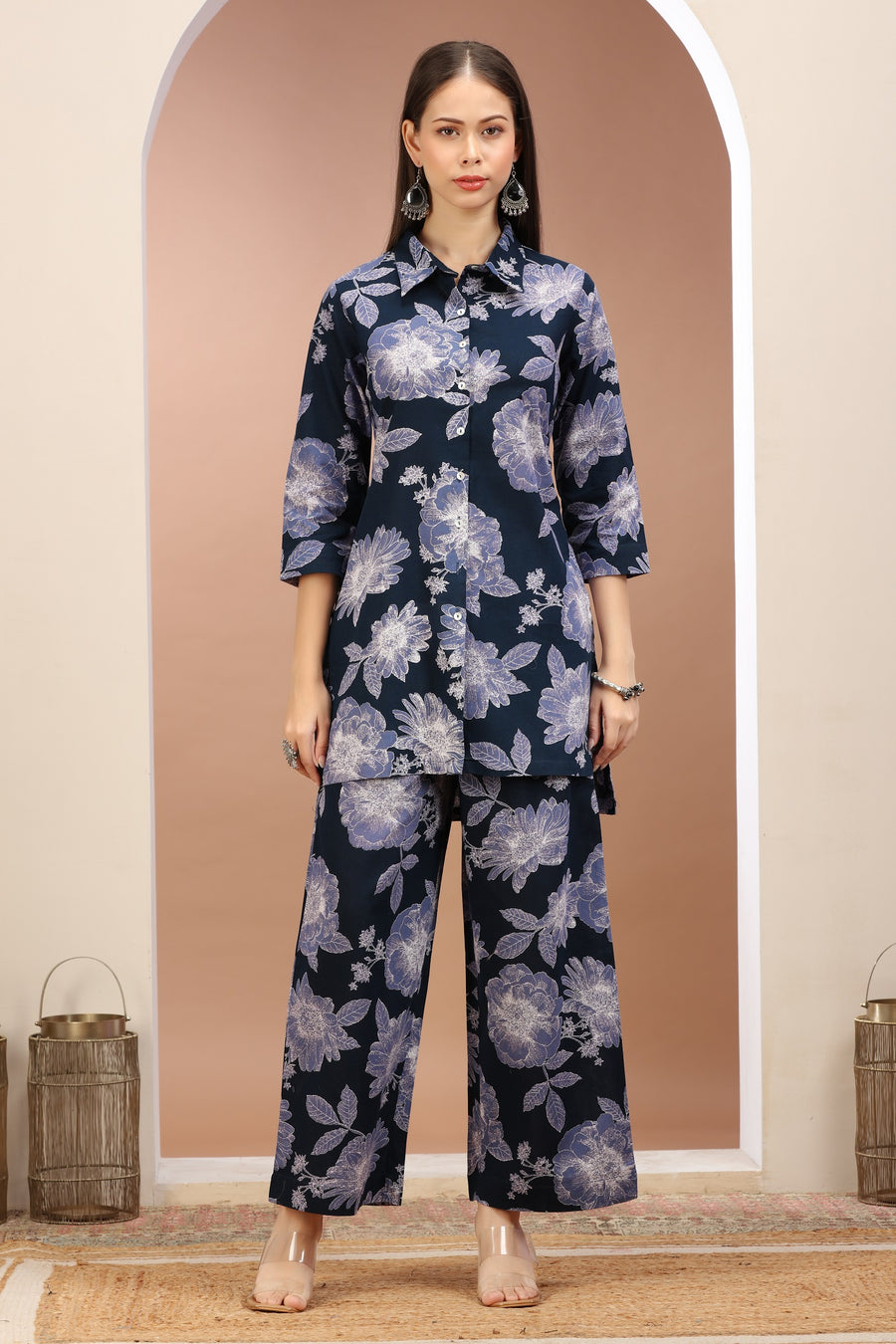 Navy Blue Flax Cotton Floral Printed Straight Kurta Pant Co-ord Set