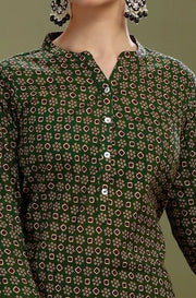 Dark Green Jaipuri Cotton Printed Straight Kurta
