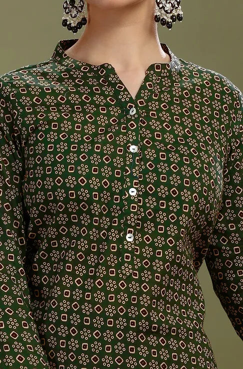 Dark Green Jaipuri Cotton Printed Straight Kurta