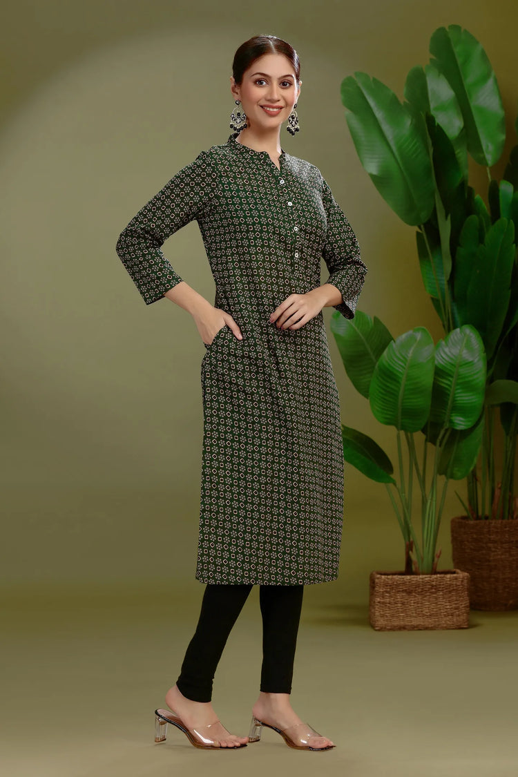 Dark Green Jaipuri Cotton Printed Straight Kurta