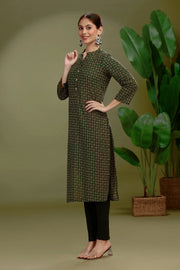 Dark Green Jaipuri Cotton Printed Straight Kurta
