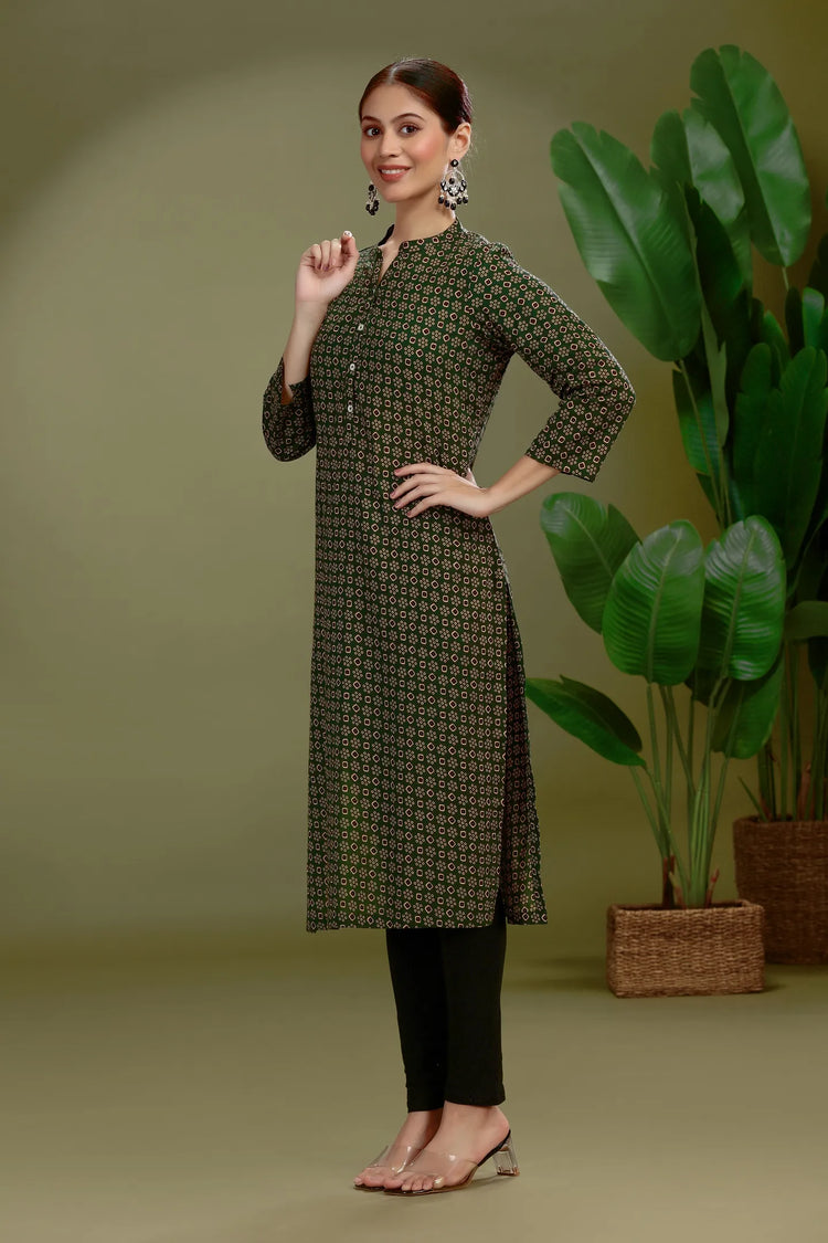 Dark Green Jaipuri Cotton Printed Straight Kurta