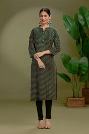 Dark Green Jaipuri Cotton Printed Straight Kurta