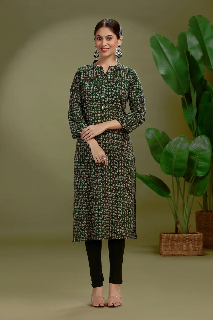Dark Green Jaipuri Cotton Printed Straight Kurta