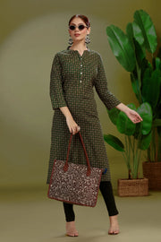 Dark Green Jaipuri Cotton Printed Straight Kurta