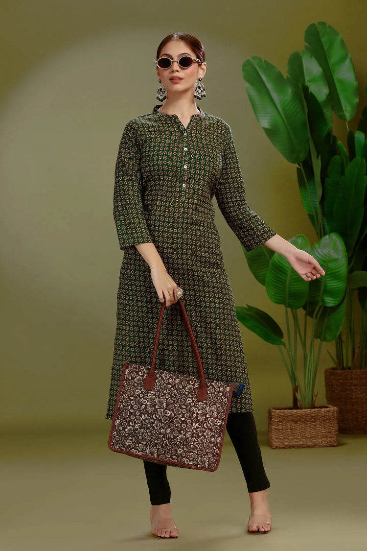 Dark Green Jaipuri Cotton Printed Straight Kurta