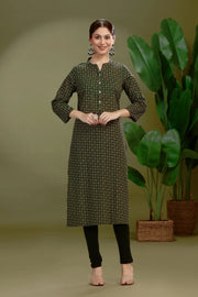 Dark Green Jaipuri Cotton Printed Straight Kurta