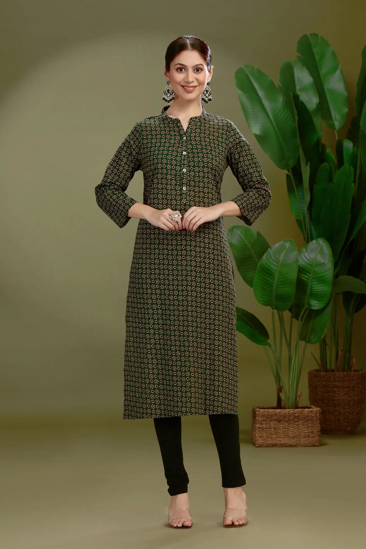 Dark Green Jaipuri Cotton Printed Straight Kurta