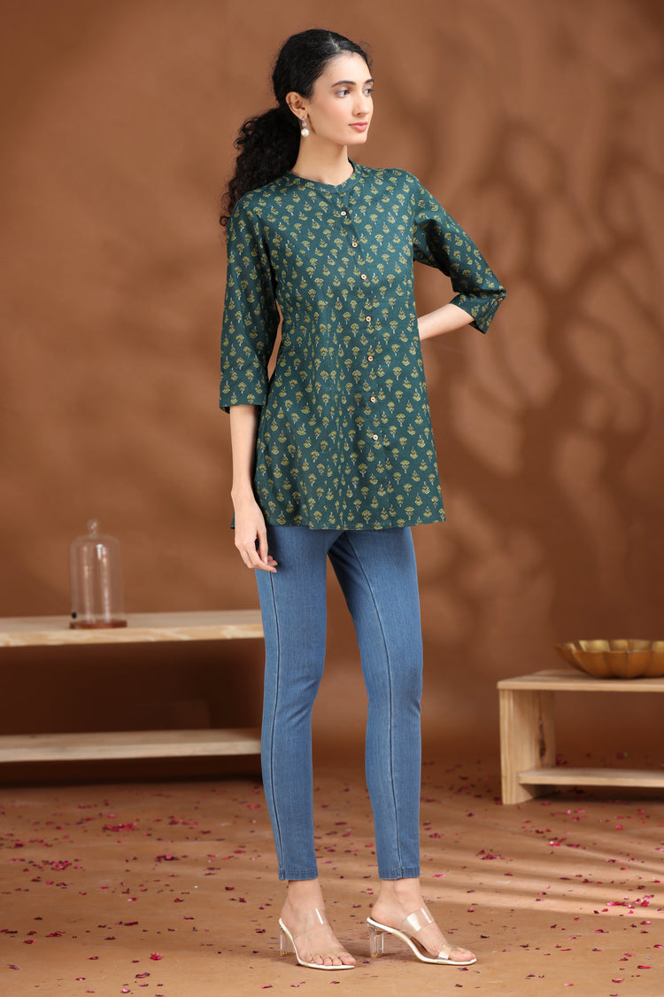 Dark Green Printed Cotton Tunic