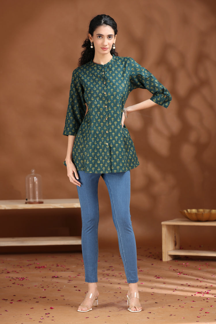 Dark Green Printed Cotton Tunic