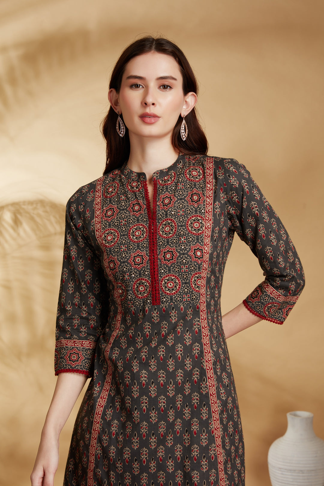 Dark Grey Printed A-Line Cotton Ethnic Set