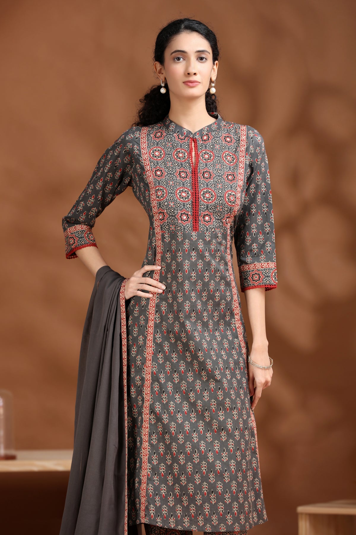 Dark Grey Printed A-Line Cotton Ethnic Set